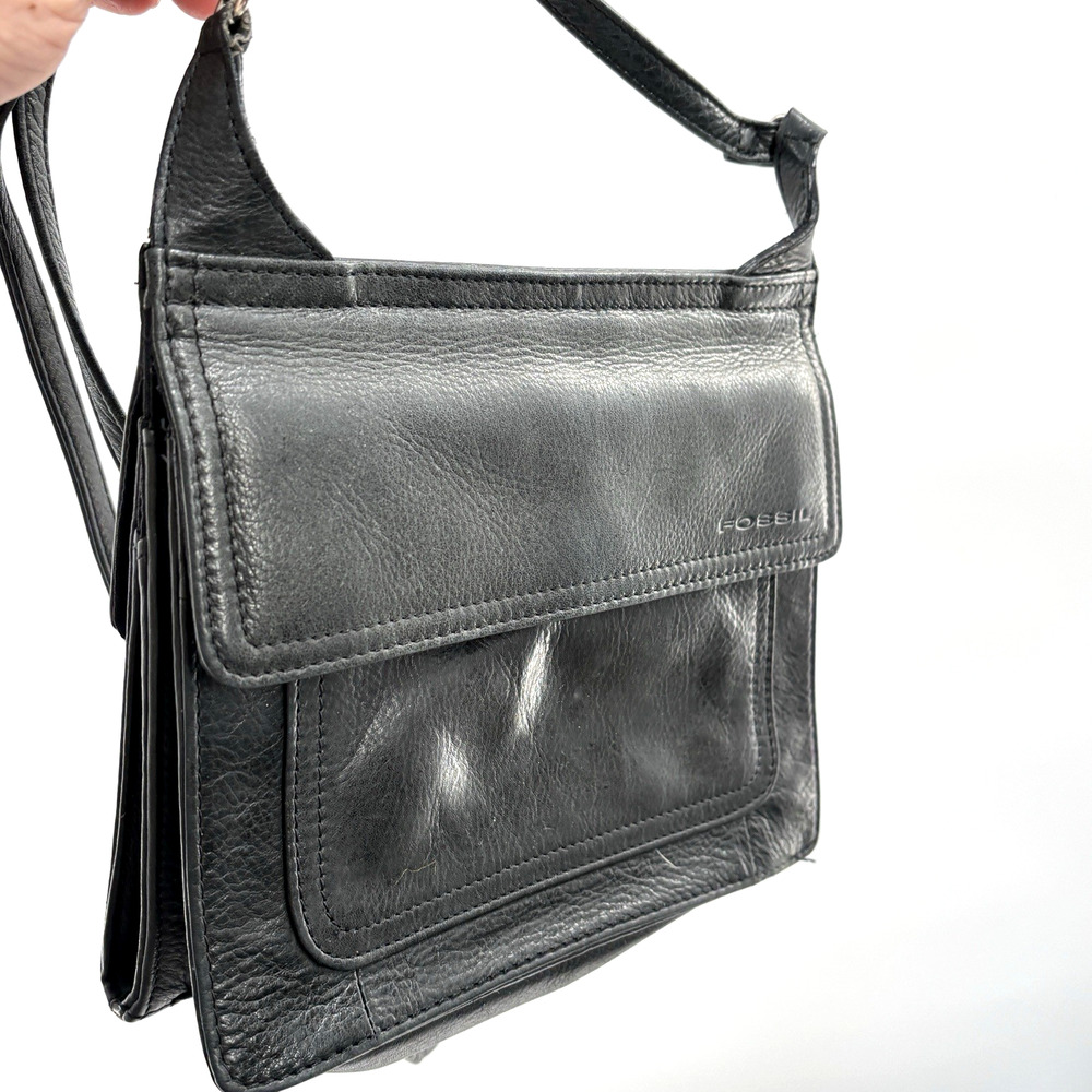 VTG Fossil Bag Black Leather Crossbody Shoulder Handbag Double Sided Flaps